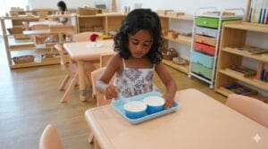 A young girl practicing a Montessori practical life activity with a water dropper and blue bowls at a school in Los Angeles, USA