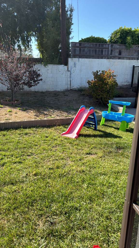 Outdoor play area with slide and garden